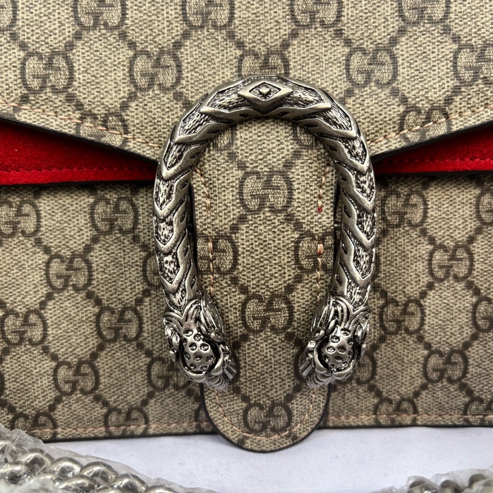 Designer Inspired G G Supreme Shoulder Bag in Brown Monogram with Red Suede - Picture 3 of 14